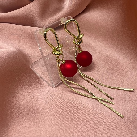 NWT Holiday Red & Gold Tassel Dangle Earrings 925 Silver Prong - Picture 2 of 6